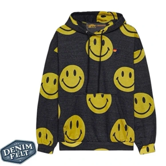 Aviator Nation Unisex Black/Yellow Smiley Repeat Relaxed Pullover Hoodie | EUC😀 - Picture 1 of 16